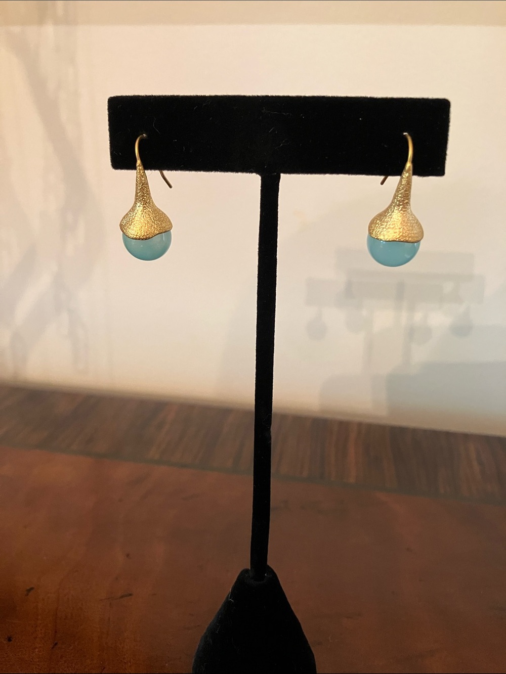 Gold-Tone Drop Earrings with Aqua Blue Orb